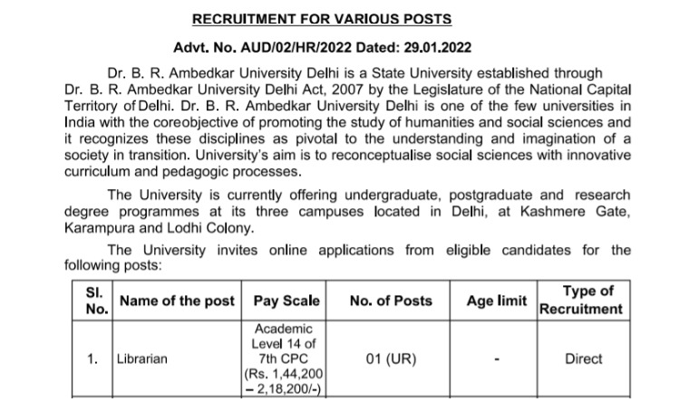 AUD Recruitment 2022: लाइब्रेरियन के अन्य पदों पर बहाली निकली, जाने पदों का विवरण