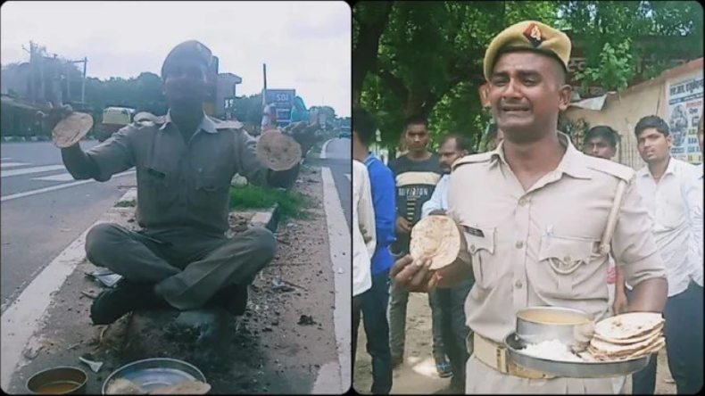 यूपी: खाने को लेकर सड़क पर बैठा सिपाही, रोटी दिखाकर फूट-फूटकर रोया !