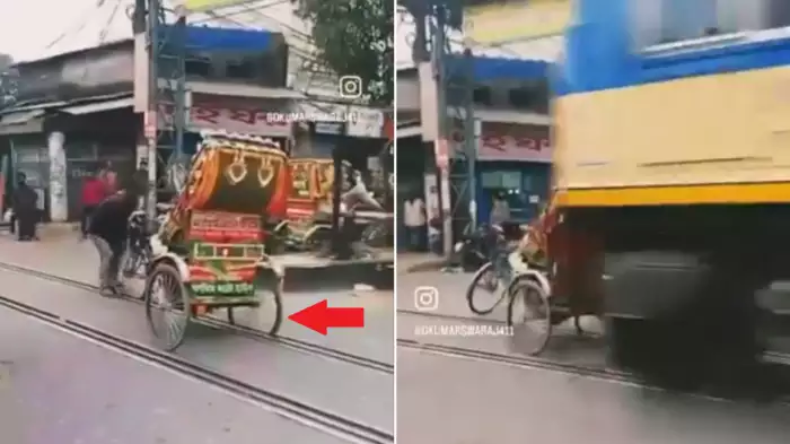 Viral Video: रेलवे ट्रैक पर फंसा रिक्शा, तेज रफ्तार ट्रेन से बचाने की कोशिश ने सबको चौंका दिया…